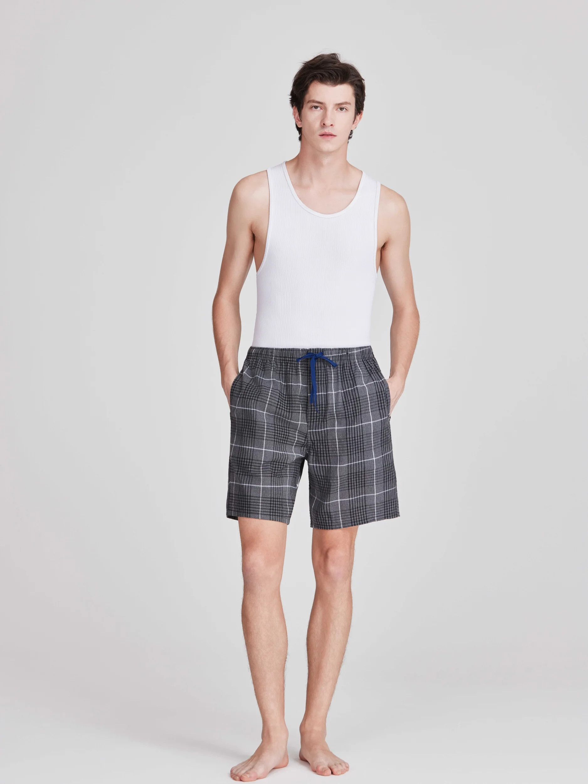3 peças calças de pijama masculinas tecido 100% algodão clássico xadrez shorts pijamas casuais confortáveis com botão e bolsos com cordão