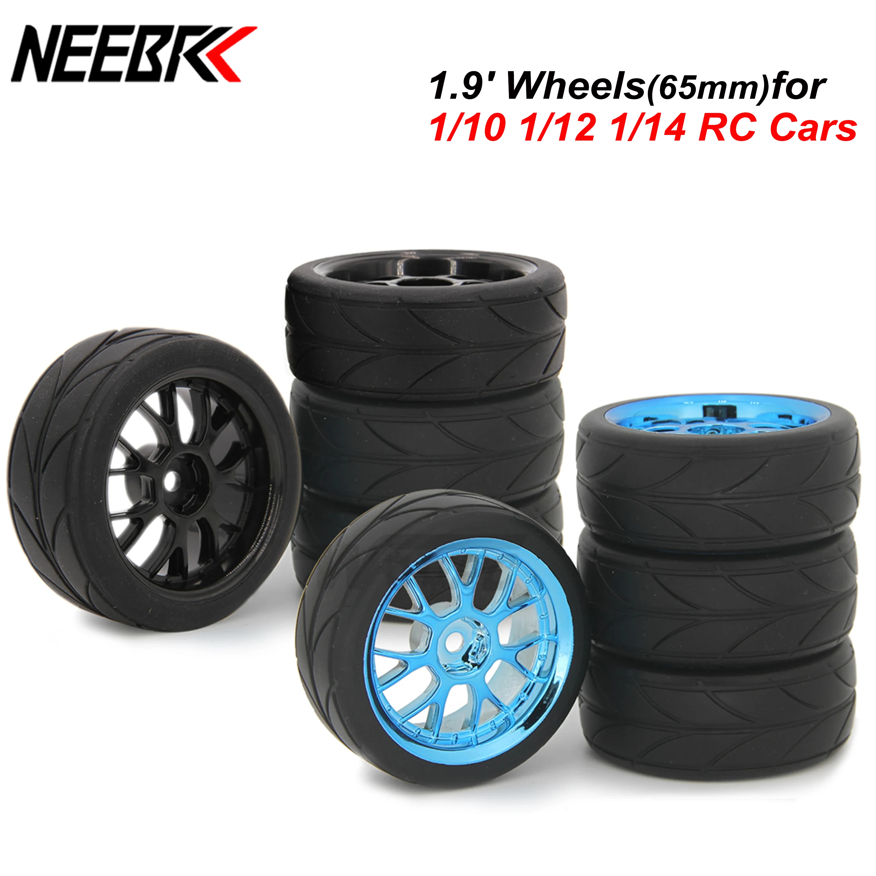 1.9 นิ้ว 65 มม.ล้อยาง 12mm Hex Blue Rim ยางทนทานสําหรับ 1/10 1/12 1/14 RC รถแข่งการแข่งขัน Wltoys 144001