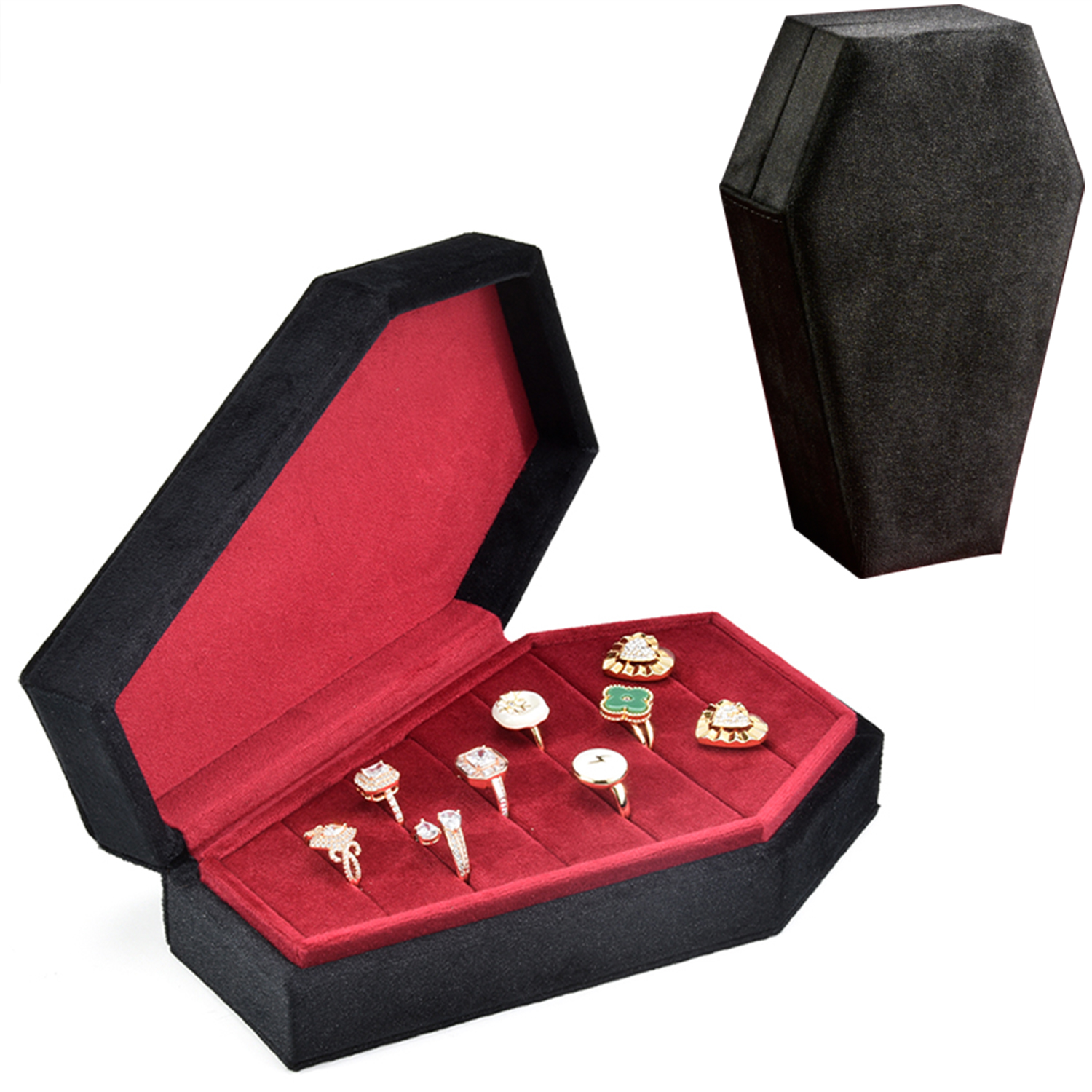 Veludo caixão caixão joias caixa, presente personalizado, logotipo personalizado, anel, colar, Dia das Bruxas