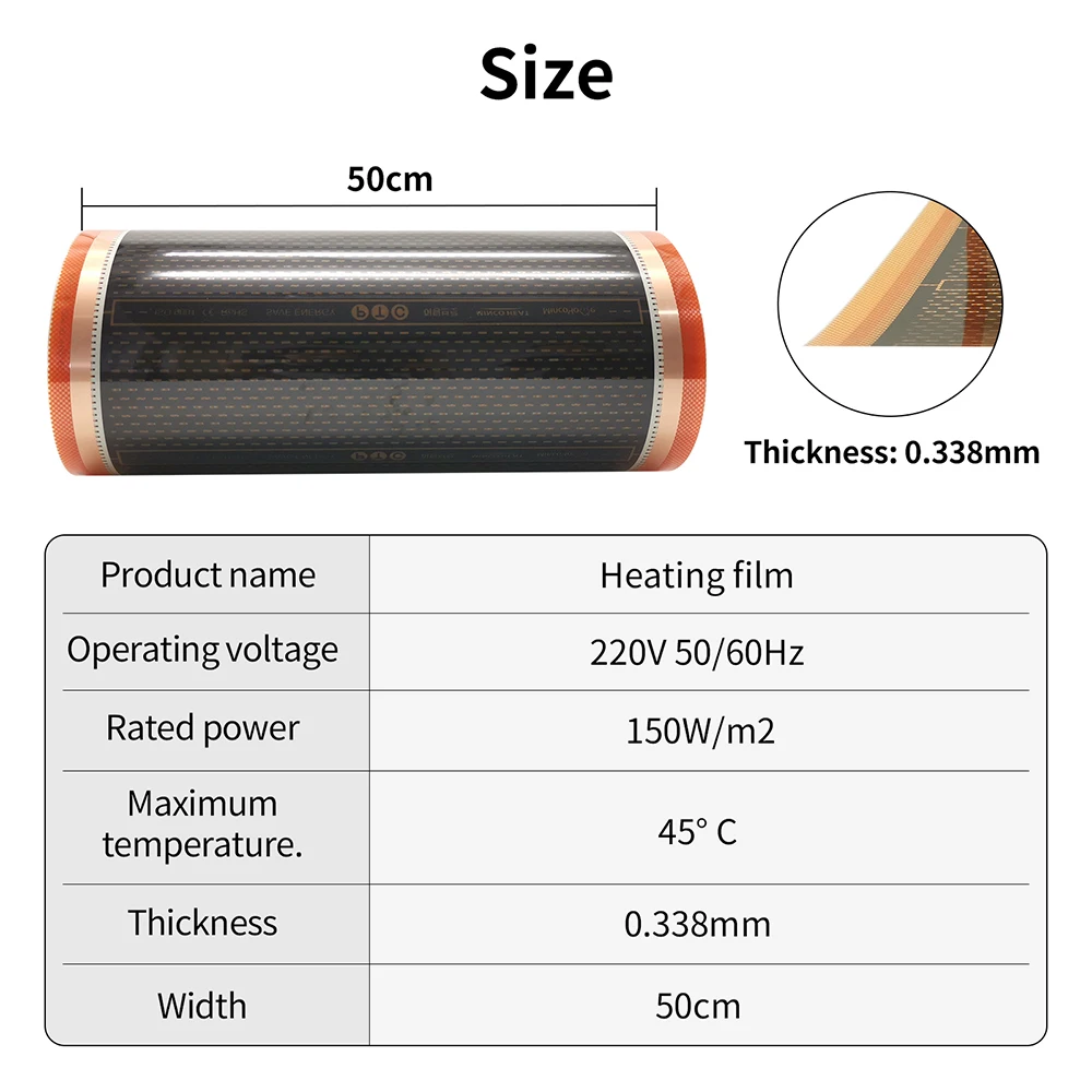 MINCO ความร้อน 150 w/m2 Graphene PTC ฟิล์มความร้อนอินฟราเรด AC200 ~ 240V ประมาณ 45C อุ่นเครื่องทําความร้อน