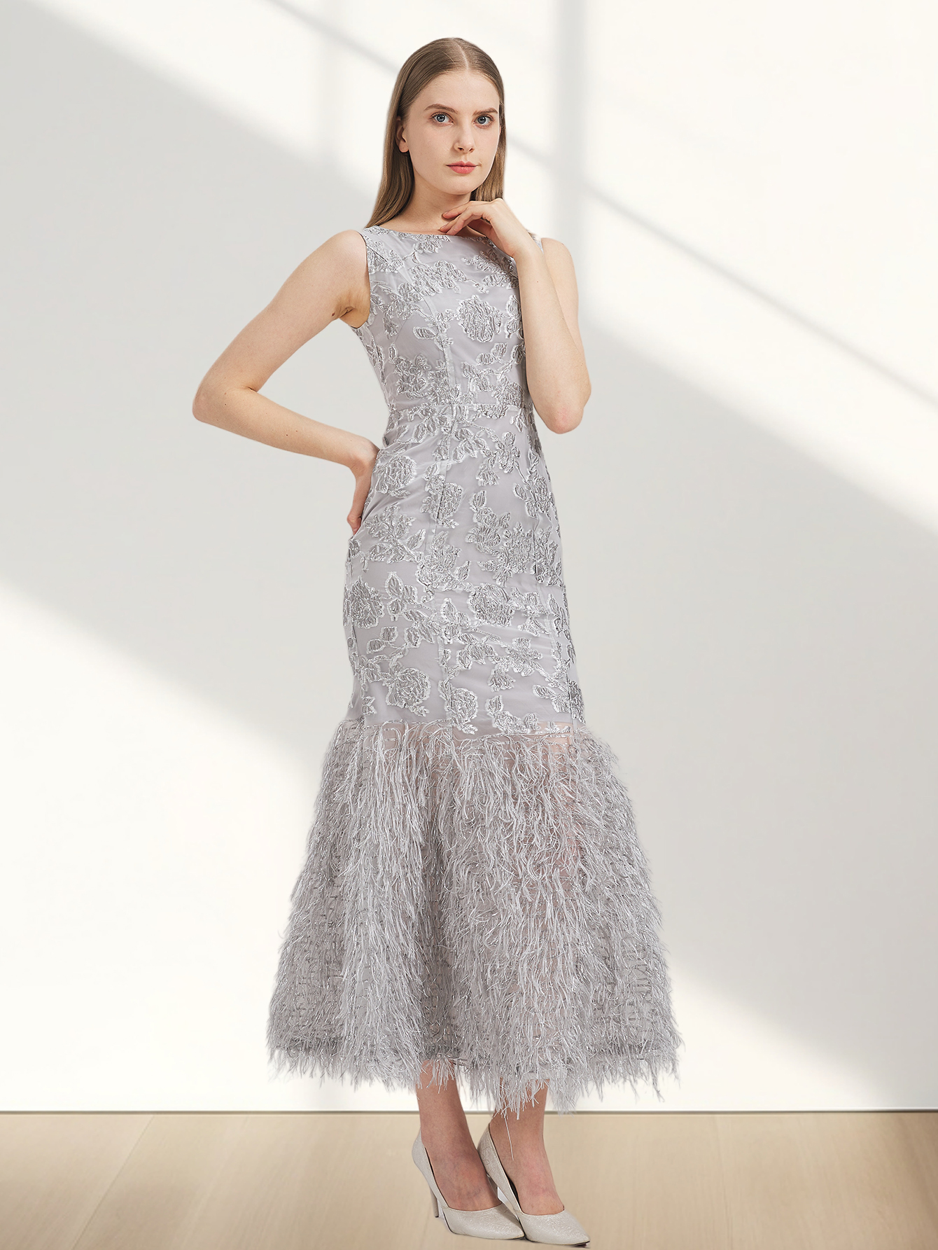 Vestido de cauda de peixe longo sem mangas para mulheres, vestido maxi com penas, encaixe corporal, robe de noite, organza, nova chegada verão, 2024