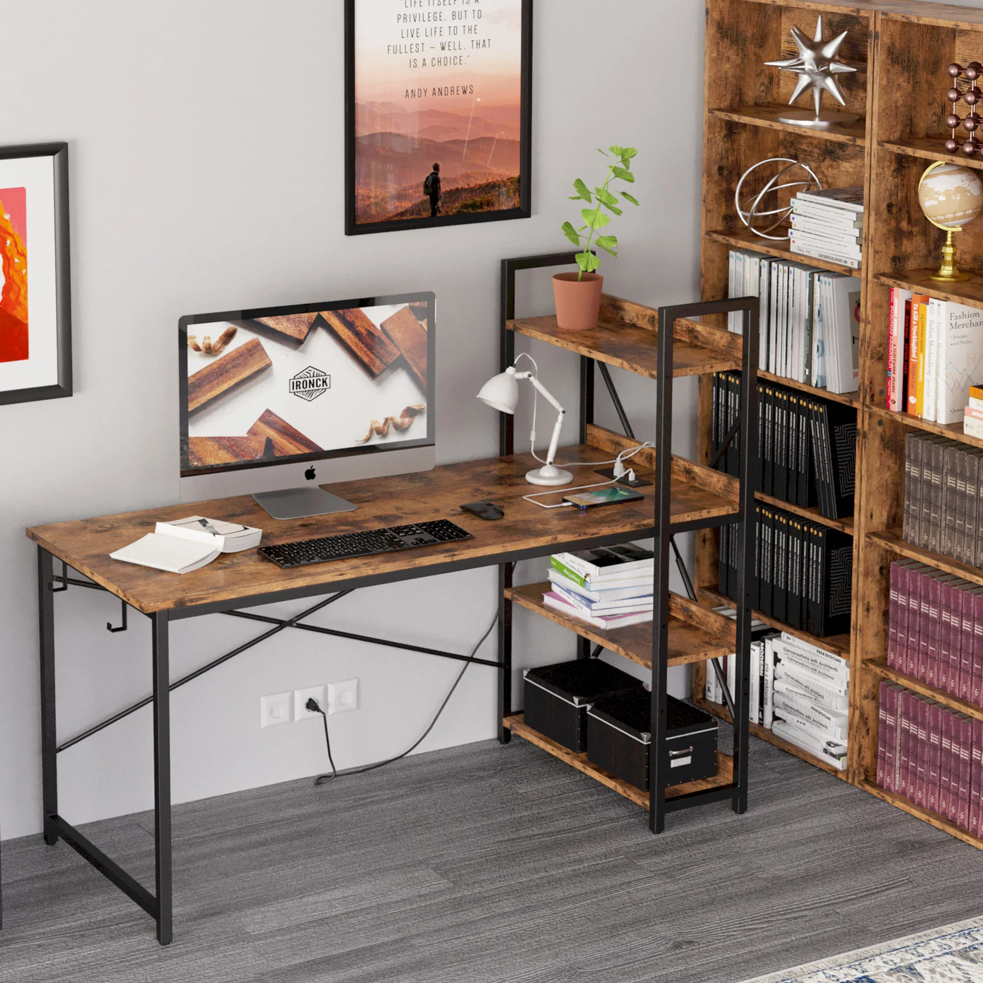IRONCK Computer Desk 47" with Power Outlet & Storage Shelves, Study Writing Table with USB Ports Charging Station