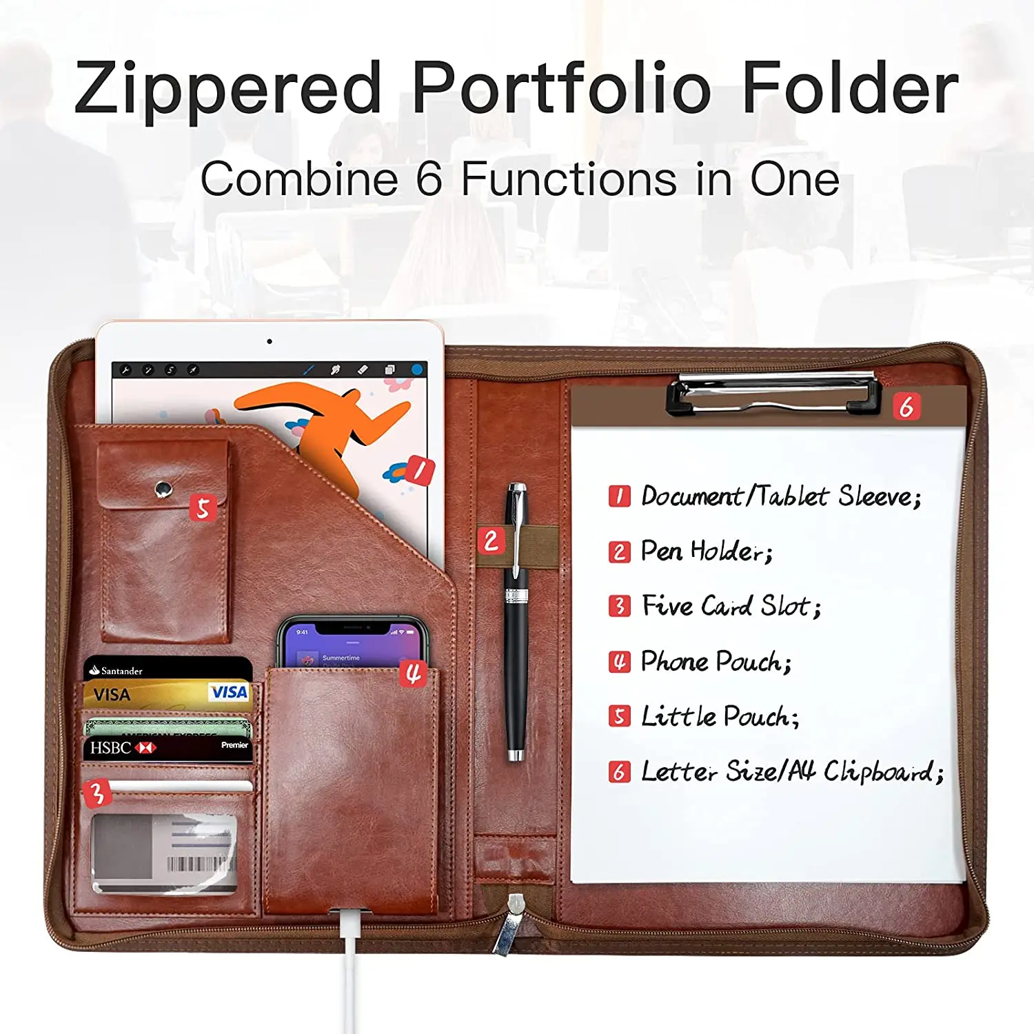 A4 Multifunctional Conference Folder Business Stationery Folder Leather Contract File Folders Zippered Organizer Card Holder