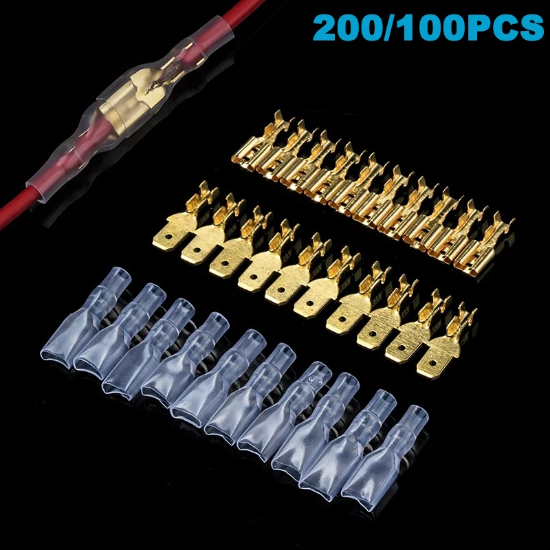 100 unids/lote 2,8/4,8/6,3mm conector de Cable de Terminal de engarzado macho hembra Kit de terminales de Cable eléctrico de altavoz de coche de latón dorado/plateado