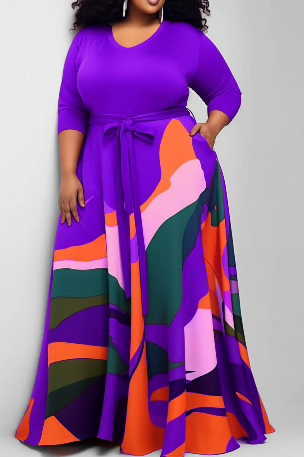 Vestido casual plus size vermelho com estampa completa em torno do pescoço vestido maxi de malha com bolso