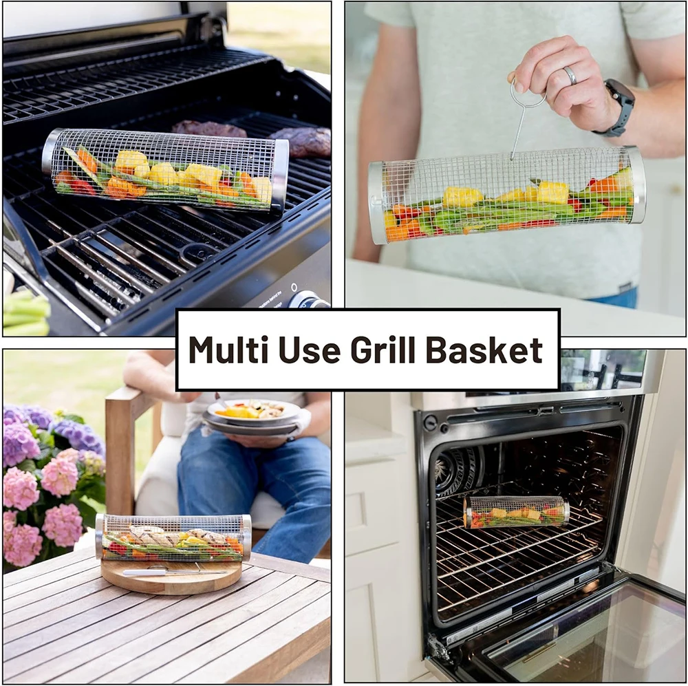 1 pz rack per tamburo per barbecue in acciaio inossidabile con manico mobile da campeggio per barbecue cilindrico Baskr adatto per verdure e campeggio sulla carne