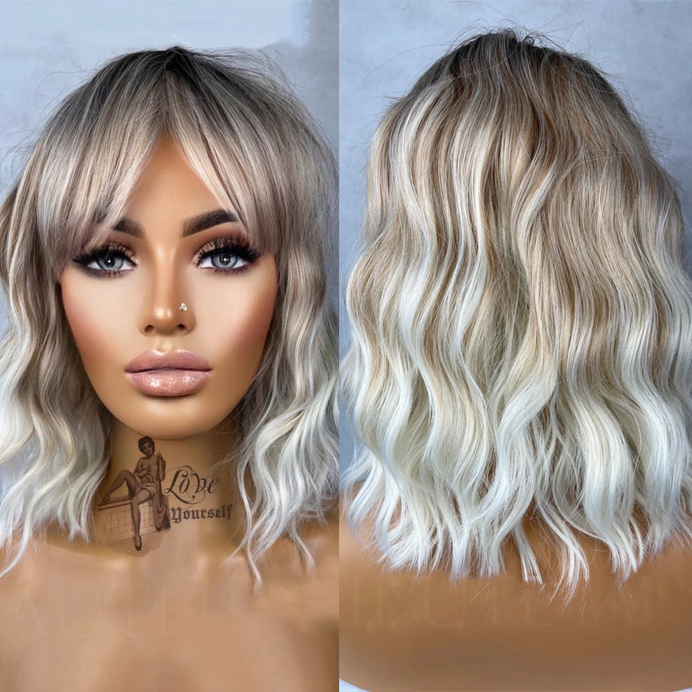 Ash Blonde Wavy Lace Front Fringe Bangs Wig para as Mulheres, Brown Balayage Destaques, Eye Catching Curto Bob Peruca, 14"