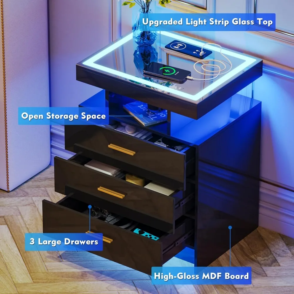 LED Nightstand with Wireless Charging Station, Auto Sensor 3 Color Dimmable Night Stand, Modern Bedside Table with 3 Drawers &