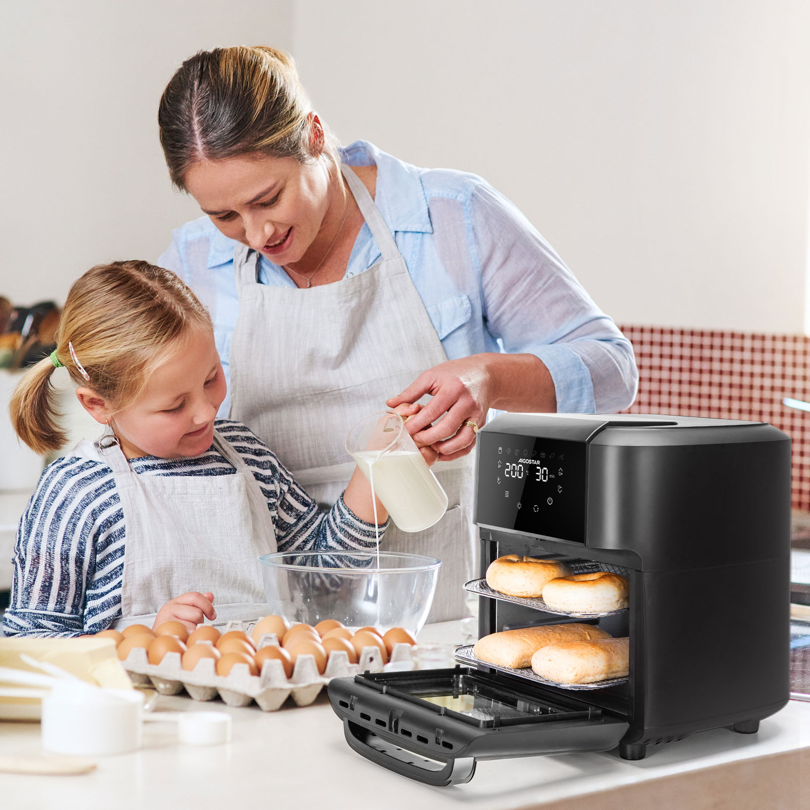 Freidora de Aire 12L Gran Capacidad, Horno de Aire Multifunción, Incluye 7 Accesorios, Apto para Lavavajillas, Pantalla LED Táctil, 8 Modos Predeterminados, Sistema Giratorio, Libre de BPA,1500W