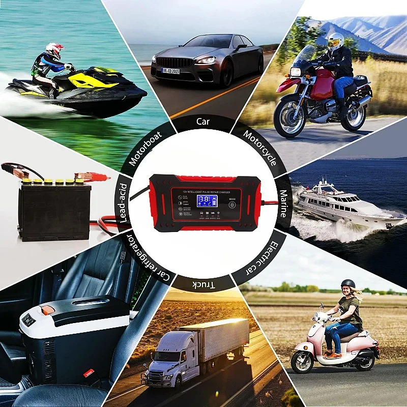 Automatyczna ładowarka akumulatorów samochodowych 12V 6A z cyfrowym wyświetlaczem LCD, ładowarka impulsowa 12AH do naprawy akumulatorów kwasowo-ołowiowych mokrych i suchej elektrolity.