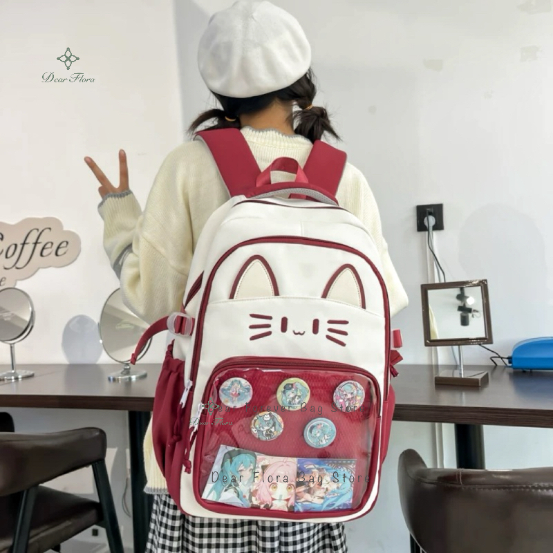 Mochilas Y2K con bonito gato Ita, mochila informal de gran capacidad para chica, mochila transparente con pantalla DIY, mochilas escolares de viaje a la moda con dibujos animados