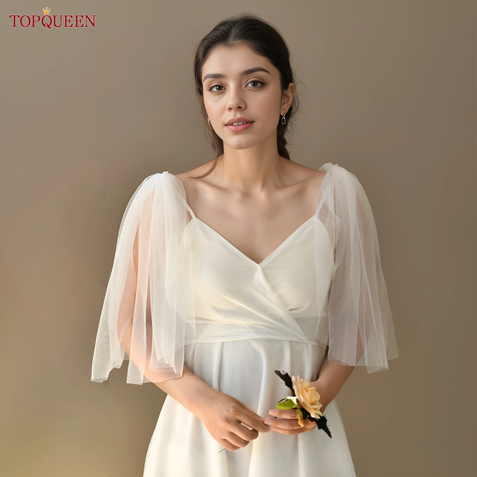 TOPQUEEN G40 DIY bahu Mini kerudung pernikahan kerudung pengantin pendek jaket Bolero dengan lengan gaun pengiring pengantin dekorasi malam