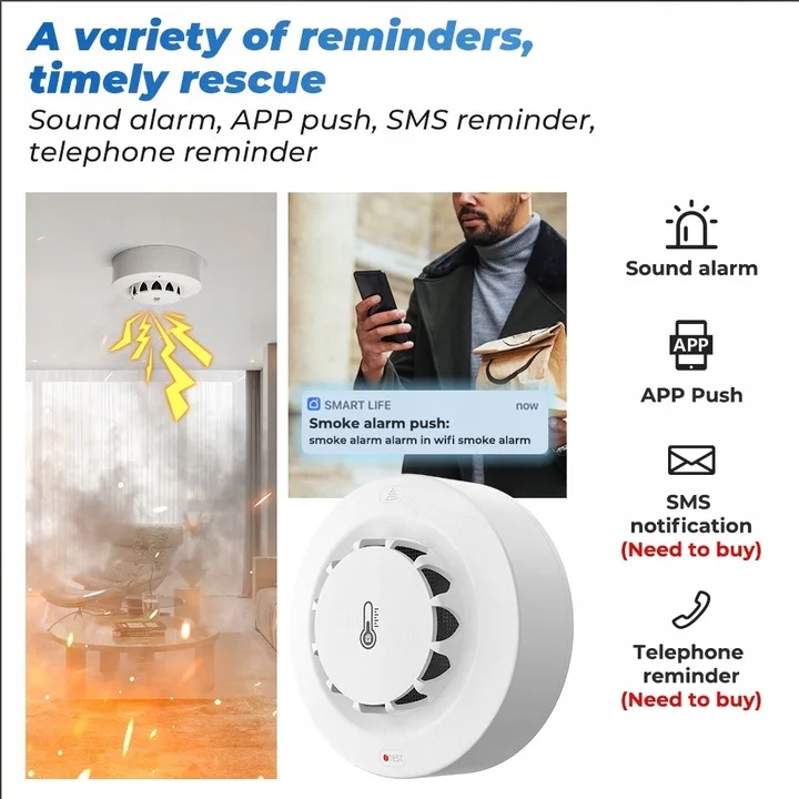 2 pcs Temperature and Humidity Smoke Sensor, TUYA WIFI Smoke Sensor Fire Alarm Home Kitchen Security System