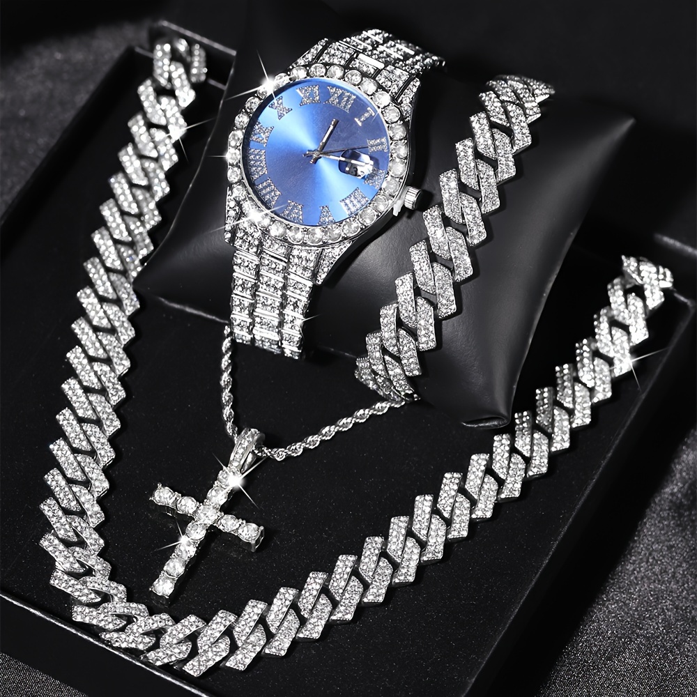 4 ชิ้น/เซ็ต Mens Bling นาฬิกาข้อมือ & Hip Hop Cuban Chain ชุดสร้อยคอ-Rhinestone Accented, Round Dial, การเคลื่อนไหวควอตซ์อิเล็กทรอนิกส์