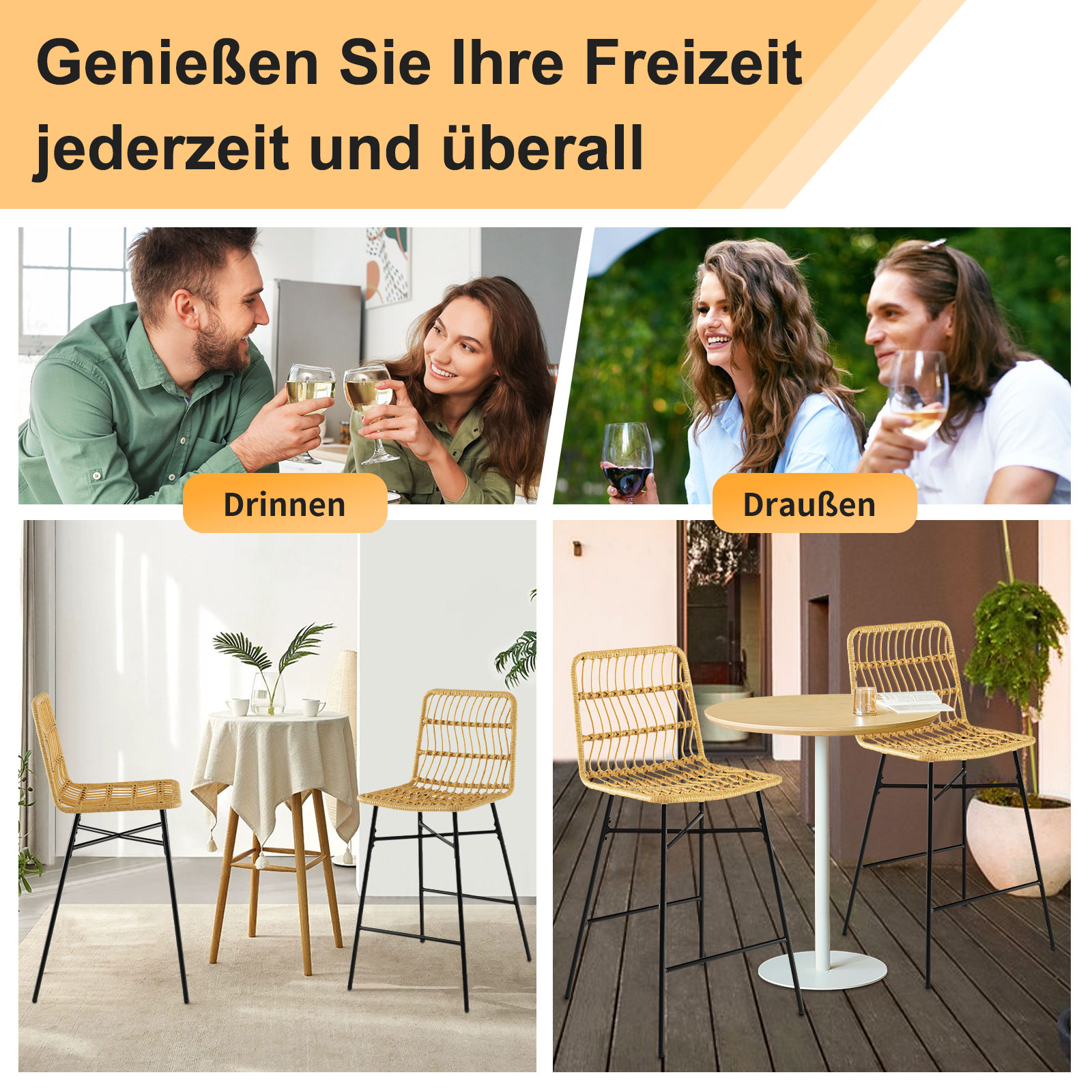 2er Set Barhocker, Barstühle Rattan, Sitzhöhe 69 cm, mit Rückenlehne und Fußstütze, Metallrahmen, Tresenhocker für Esszimmer