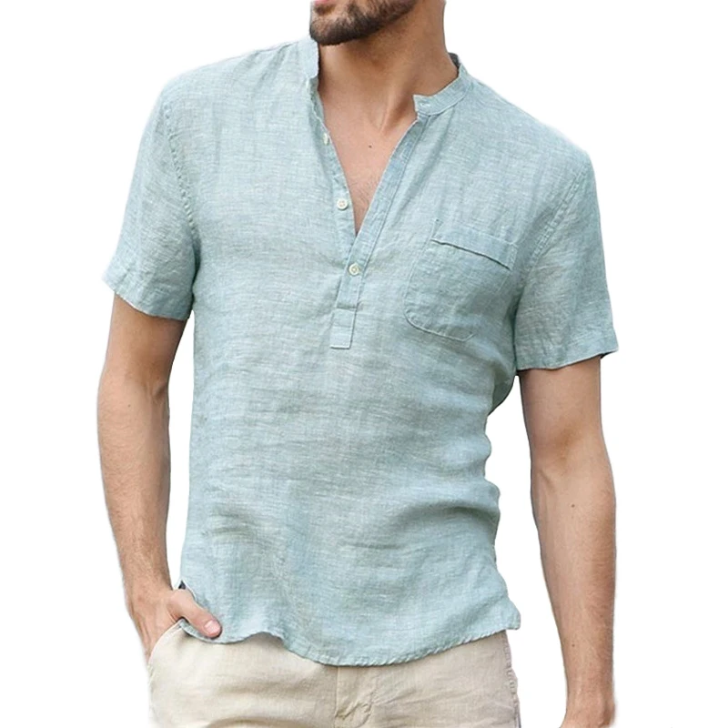 Novedad de verano, camisas informales de lino y algodón a la moda, camisetas transpirables de manga corta para hombre