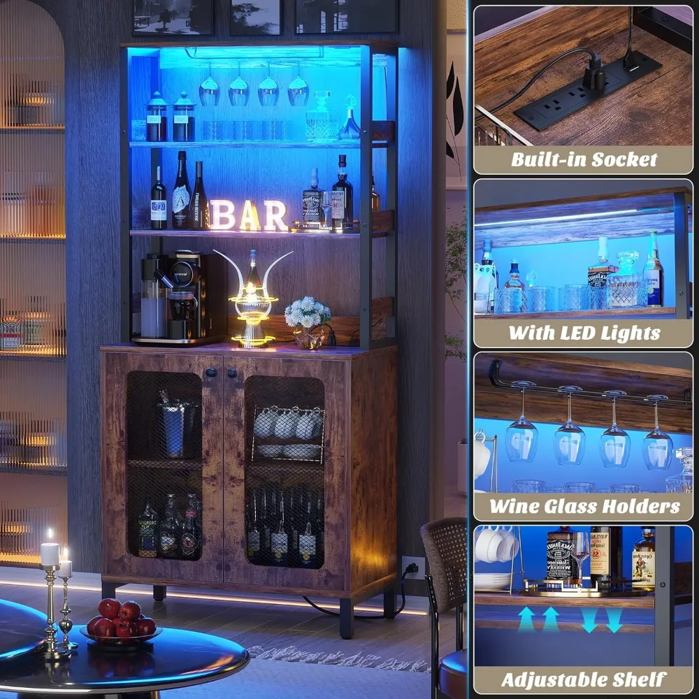 Bar Cabinet with Power Outlets,  67" Tall Wine Bar Cabinet Liquor Cabinet with LED Lights & Glass Holder