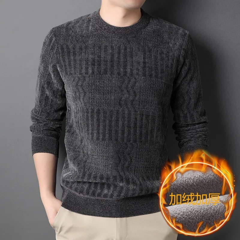 Herbst und Winter, einfarbig gemusterter Herrenpullover mittleren Alters, Plüsch und dicker Rundhalsausschnitt, lockeres und warmes Strickpullover-Oberteil