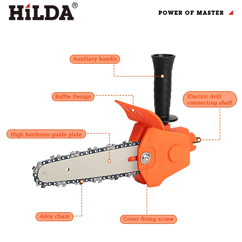 HILDA-taladro eléctrico de 4/6 pulgadas, adaptador de sierra de cadena eléctrica, kits de cabezales de conversión portátiles, herramientas de poda para carpintería