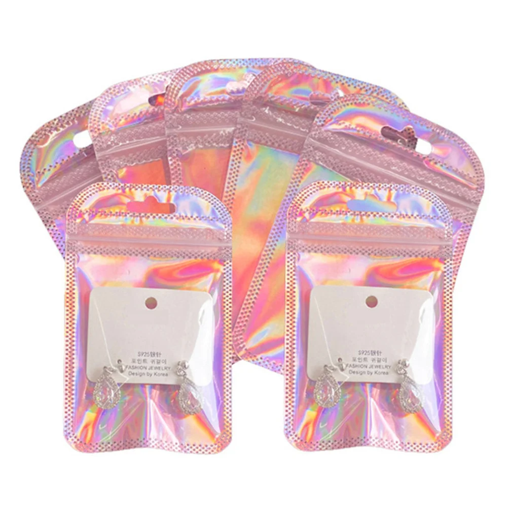 50/100 Stück schillernde selbstdichtende Beutel, rosa Laser-Kunststoffbeutel, wiederverschließbare Zip-Lock-Verpackung für Schmuck-Display-Einzelhandelsbeutel