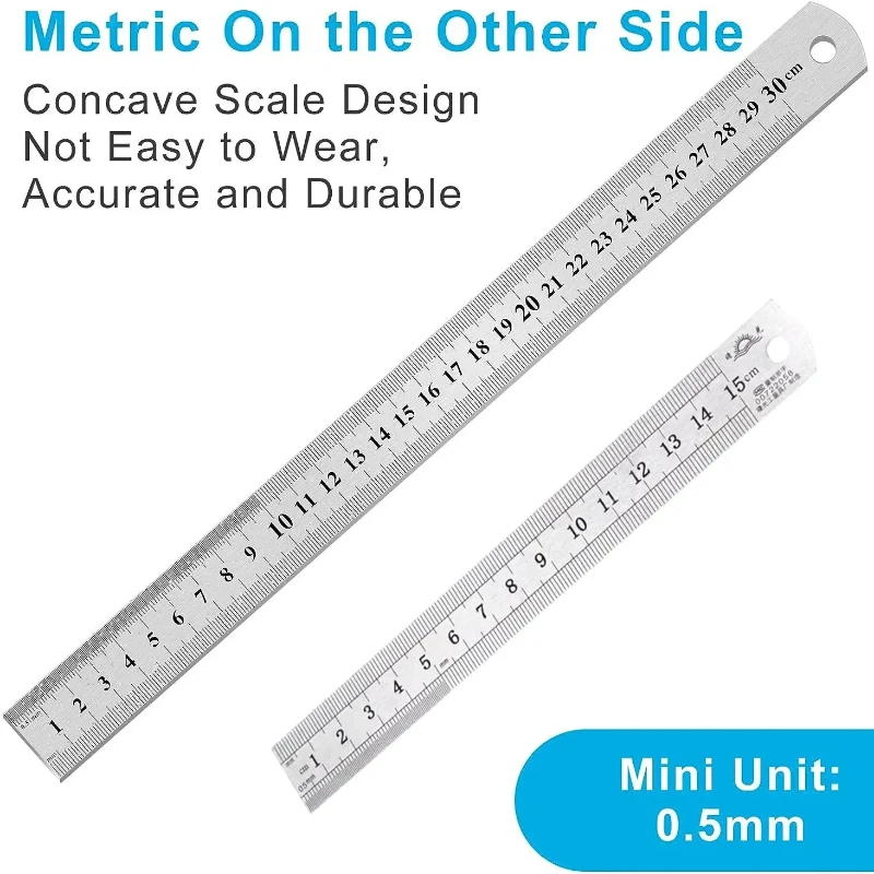 Righello dritto a doppio lato in acciaio inossidabile Centimetro pollici Scala righello metrico Strumento di misurazione di precisione Forniture per ufficio scolastico