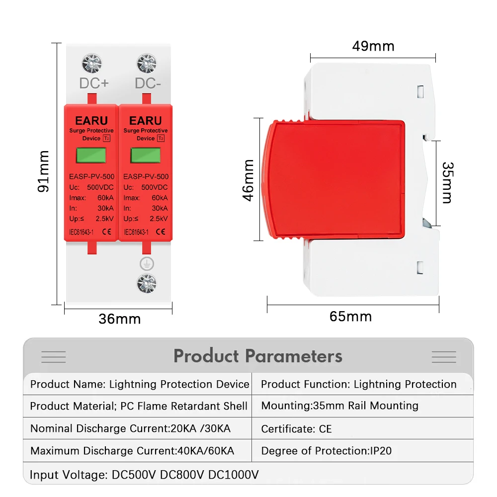 2P DC SPD Surge Protective Device 500V 800V 1000V 20KA 30KA 40KA 60KA Voltage Protector Solar PV Photovoltaic Lightning Arrester