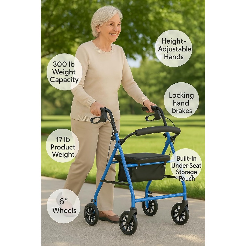 Lightweight Folding Steel Rollator Walker with Seat FSA/HSA Eligible ,Light Blue Mobility Aid for Seniors