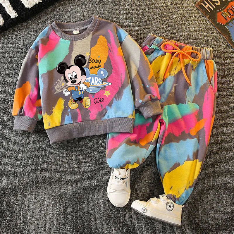 Ropa de primavera y otoño para niñas y niños, sudadera con estampado completo de Minnie + Pantalones, 2 uds., deportes informales, nuevos trajes de manga larga con dibujos animados para niños