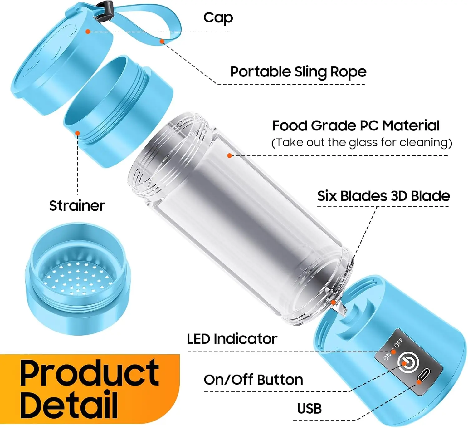 Taza exprimidora de frutas y verduras de viaje, licuadora portátil recargable por USB, minilicuadora de potencia de corte fuerte con 6 cuchillas, 380Ml