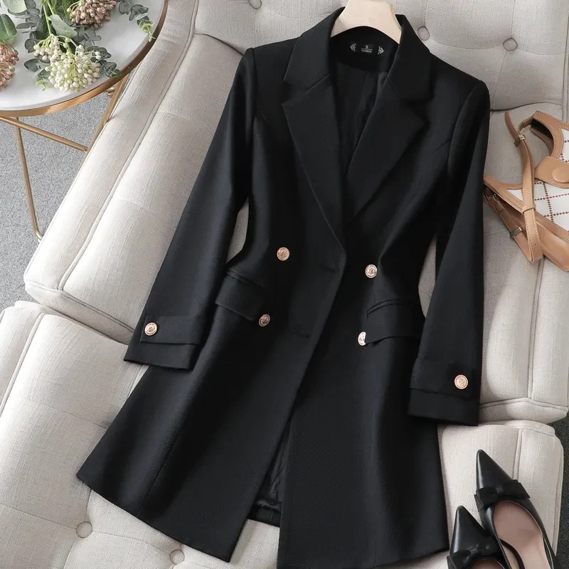 เสื้อเบลเซอร์ตัวยาวสำหรับผู้หญิงสีกากีสีกาแฟสีดำเสื้อ jaket formal ใส่ทำงานใส่ทำงานแนวธุรกิจแจ็คเก็ตฤดูหนาวฤดูใบไม้ร่วง