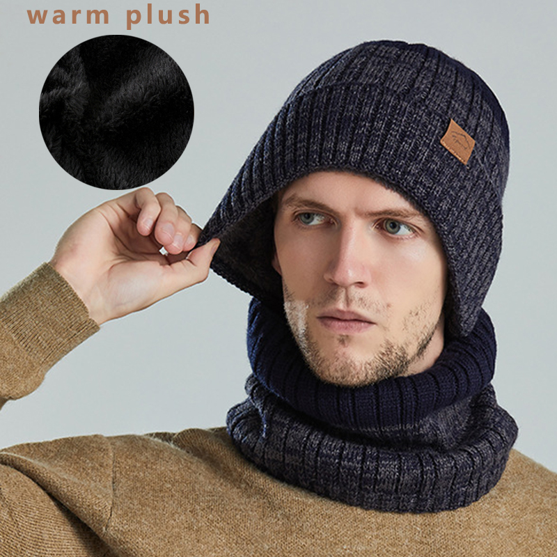 Gorro de punto grueso y cálido de felpa para hombre, bufanda de 2 piezas, diseño de bloque de color, gorro Skullie, gorro de borde rizado para pareja