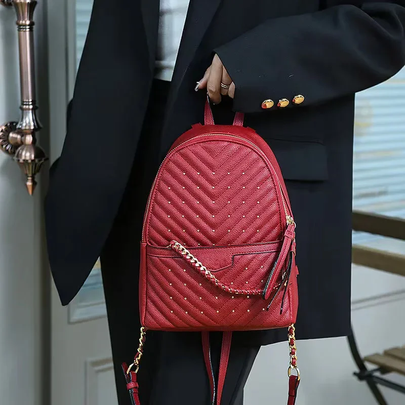 V-Quilted Studded Mini Fashion Rucksack Backpack Bag Leather Travel Bag Women Ladies Handbag