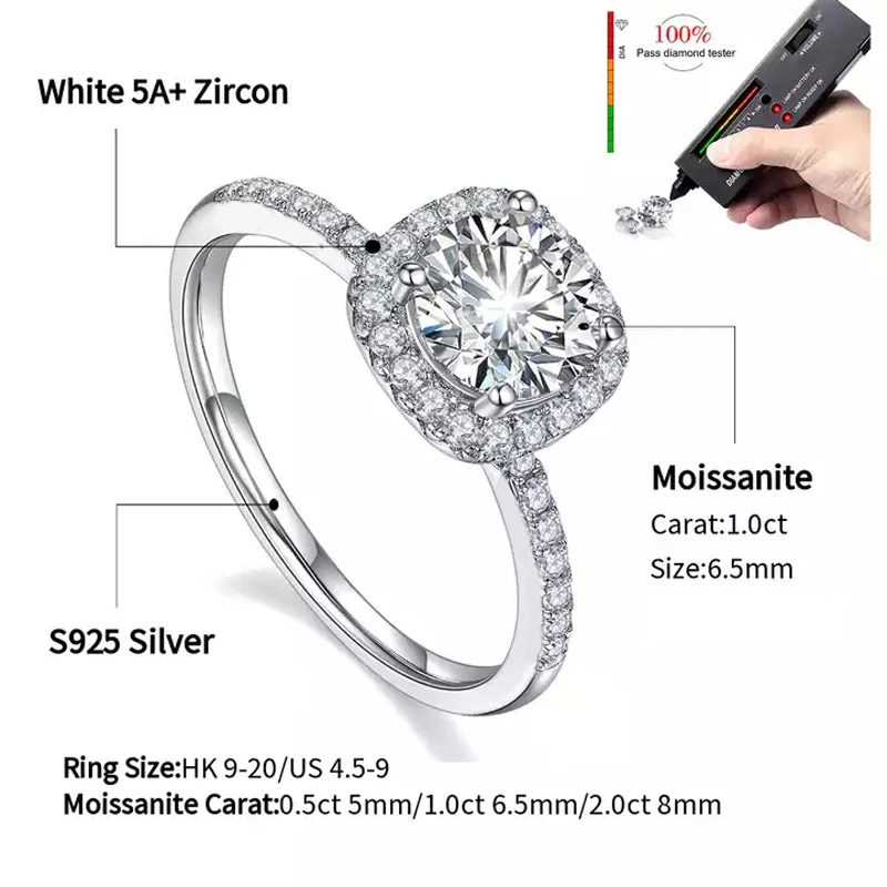Anillo de Plata de Ley 925 de moissanita auténtica para mujer, cuadrado, redondo, 1CT, 2CT, 3CT, diamante brillante, banda para el dedo, regalo de joyería de boda