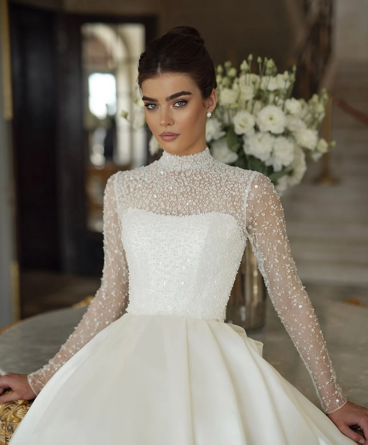 Abito a trapezio personalizzato, abito da sposa a collo alto, elegante abito gonfio con fiocco, abito da sposa Vestido de novia 2025