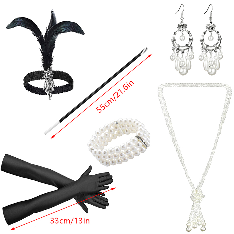 1Set 1920's Flapper Cosplay Costume piuma fascia collana di perle guanto lungo Gatsby accessori per travestimento