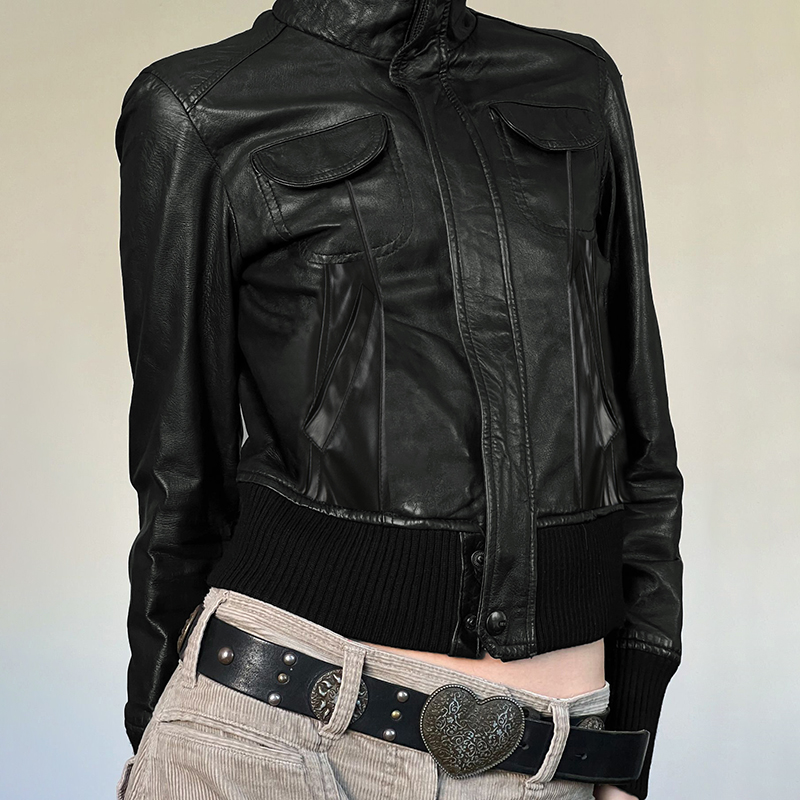 WEEKEEP Vintage Goddess Functional Sle Multi-Pocket Workwear Leather Jacket Women Autumn Winter Waist-Cinching Riding Short...