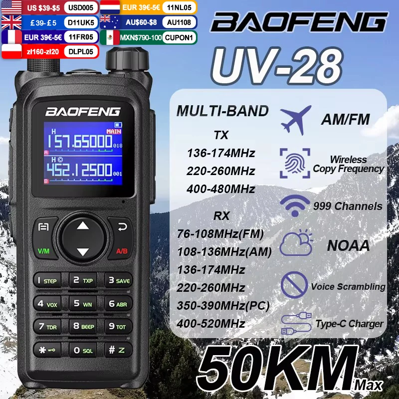 NEW 2024 BAOFENG UV-28 Walkie Talkie Portable Multi-Band 999CH Wireless Copy Frequency Long Range Type-C Am Fm Two Way Ham Radio