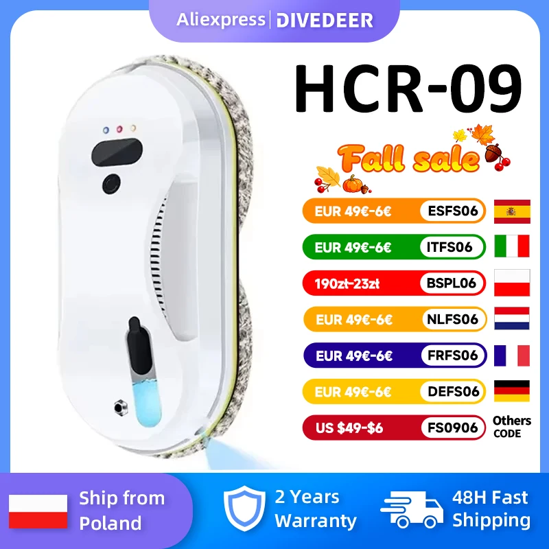 DIVEDEER Robot do mycia okien do użytku domowego, w pełni automatyczny, z pojedynczym rozpylaniem wody, sterowany pilotem.
