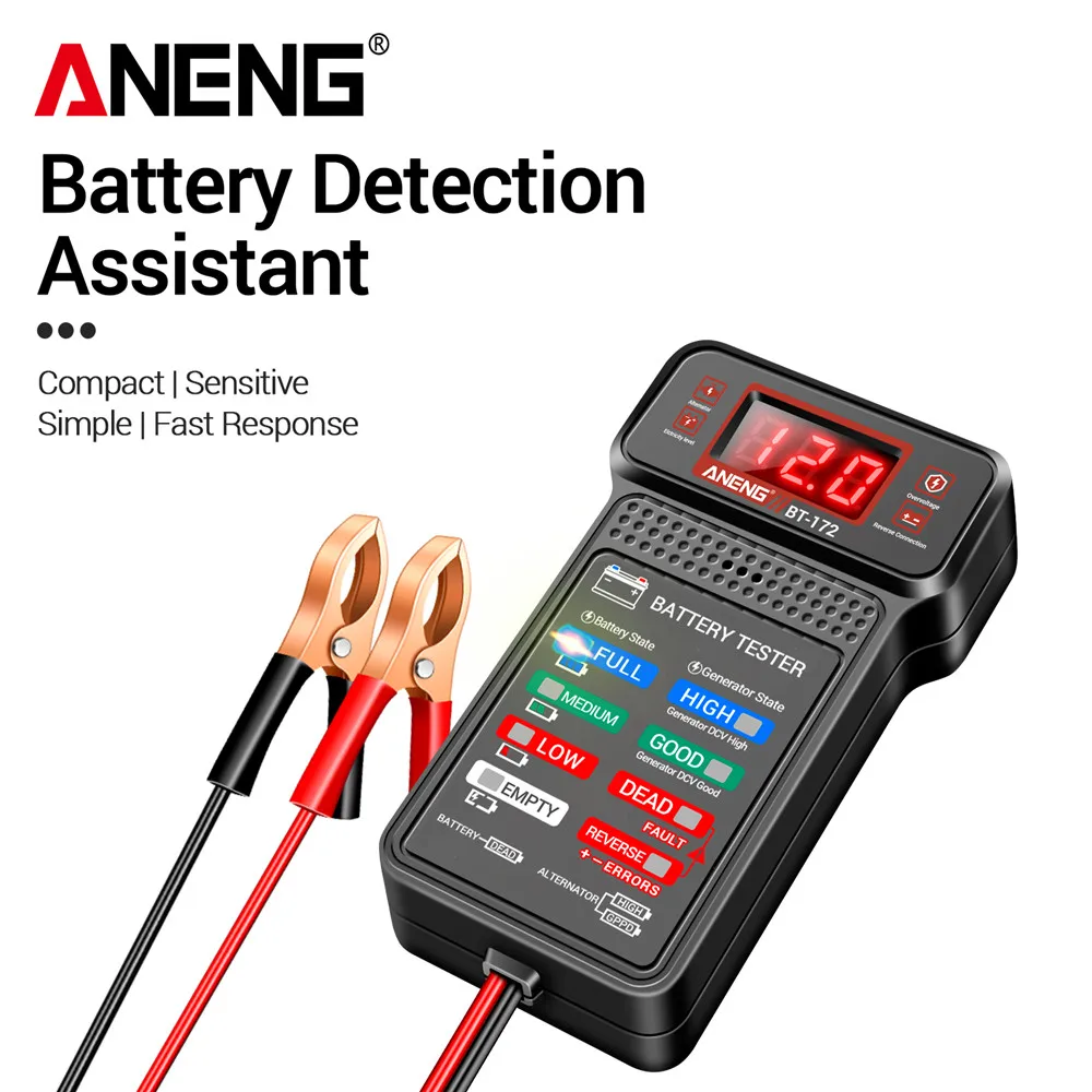 ANENG BT-172 Probador de batería digital de 12 V Indicador de batería de automóvil con pinzas de cocodrilo Indicador de estado de batería LED Herramienta de electricista
