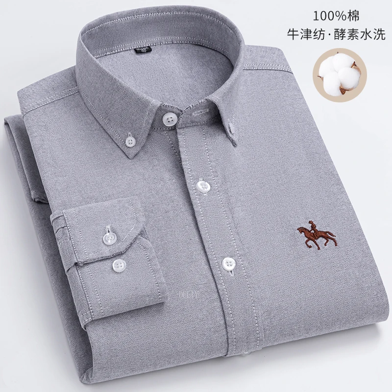 เสื้อออกซ์ฟอร์ดแขนยาวสำหรับผู้ชาย, เสื้อปักลายม้าใส่สบายทรงโอเวอร์ไซส์ผ้าฝ้าย100% 2023