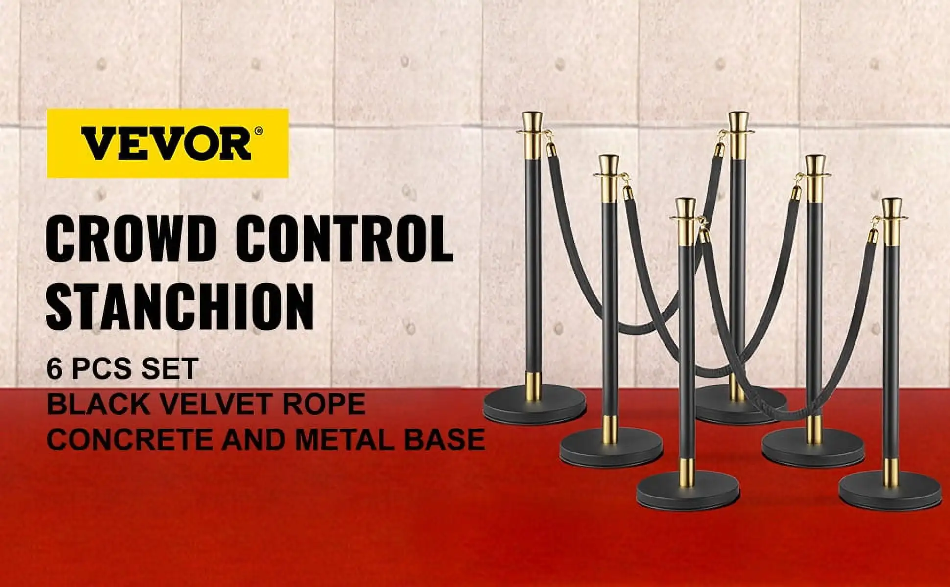 Crowd Control Stanchion, Set of 6 Pieces Stanchion Set, Stanchion Set with 5 ft/1.5 m Black Velvet Rope