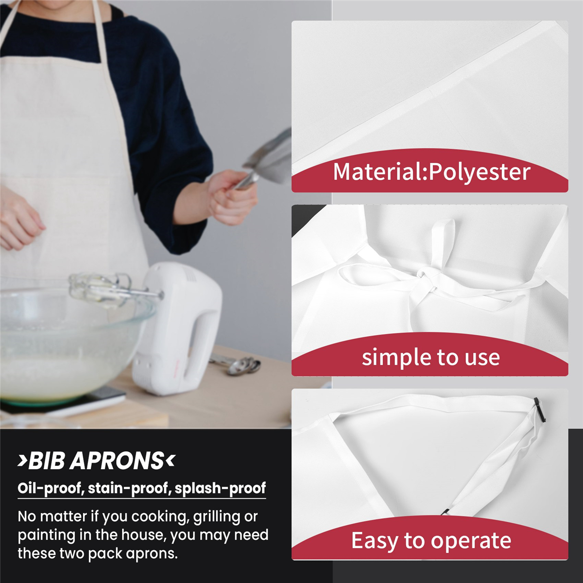 調節可能なキッチンビブエプロン、2つのポケット、女性と男性用のシェフエプロン、白、4パック