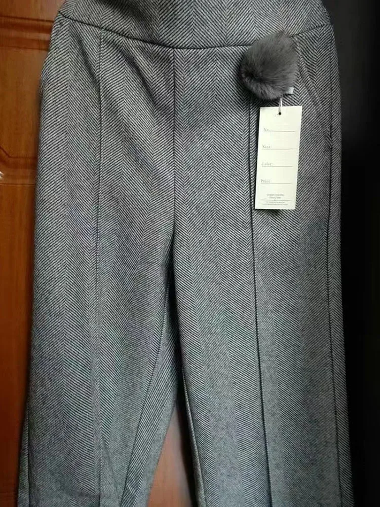 กางเกง4XL เอวสูงตรงสำหรับผู้หญิงกางเกงทำงานทำจากผ้าขนสัตว์ผสมกางเกงขาม้าใส่ในสำนักงานฤดูใบไม้ร่วงฤดูหนาว