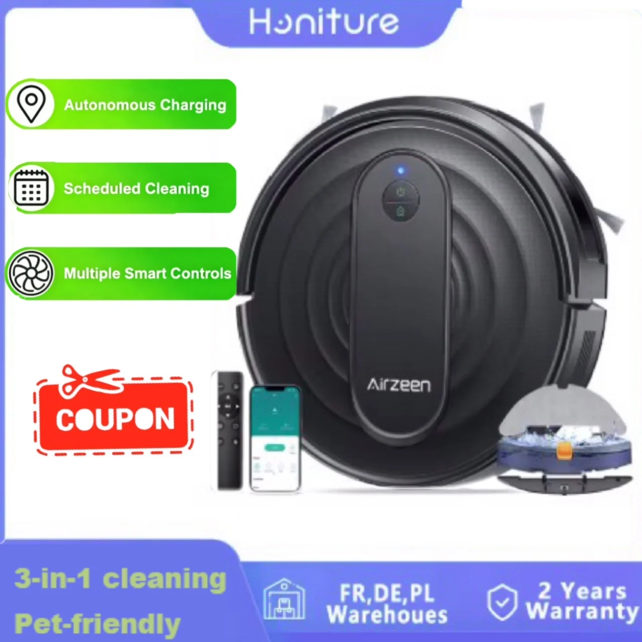 Airzeen R7 Roboter-Staubsauger, 3-in-1-Reinigung, 3000 Pa Saugkraft, intelligente App/Alexa-Steuerung, automatische Selbstaufladung für Tierhaare und Böden