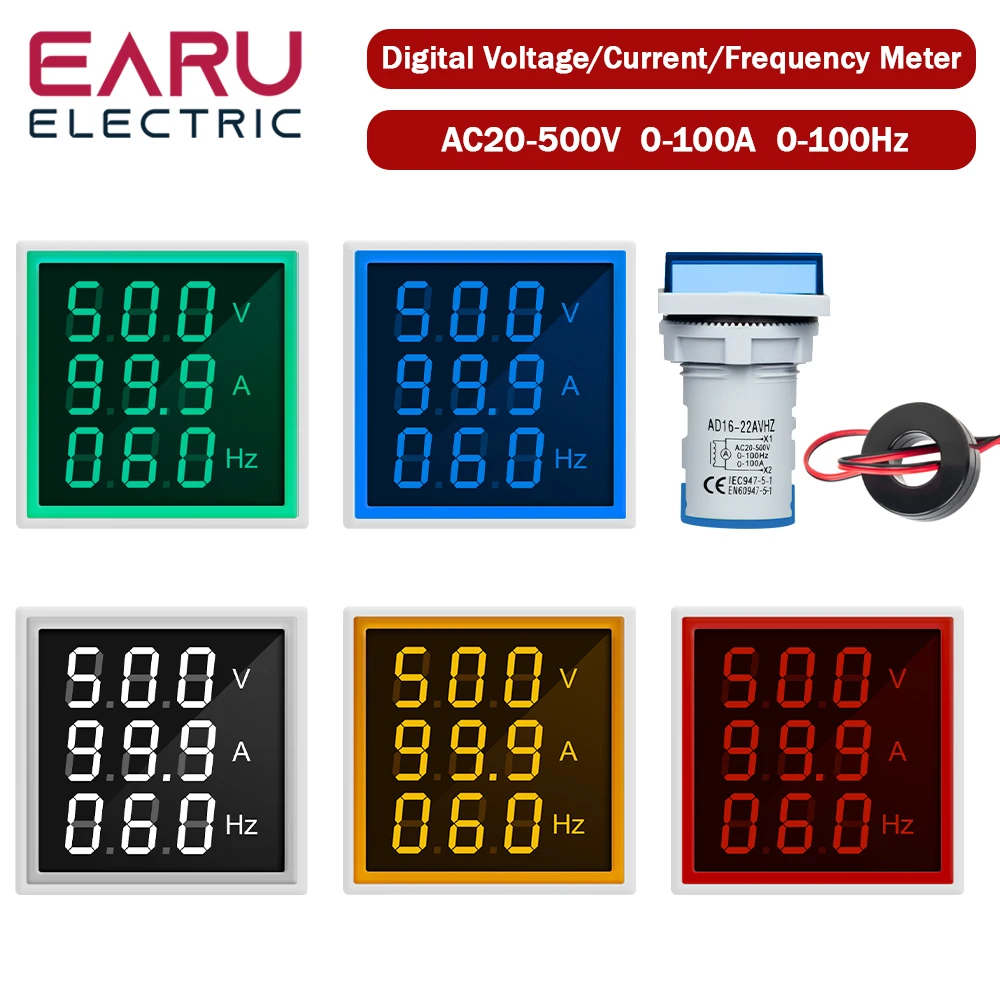 Voltímetro Digital LED cuadrado, amperímetro, medidor Hertz AC 20-500V, luces de señal, voltaje, corriente, frecuencia, medidor combinado, probador de indicador