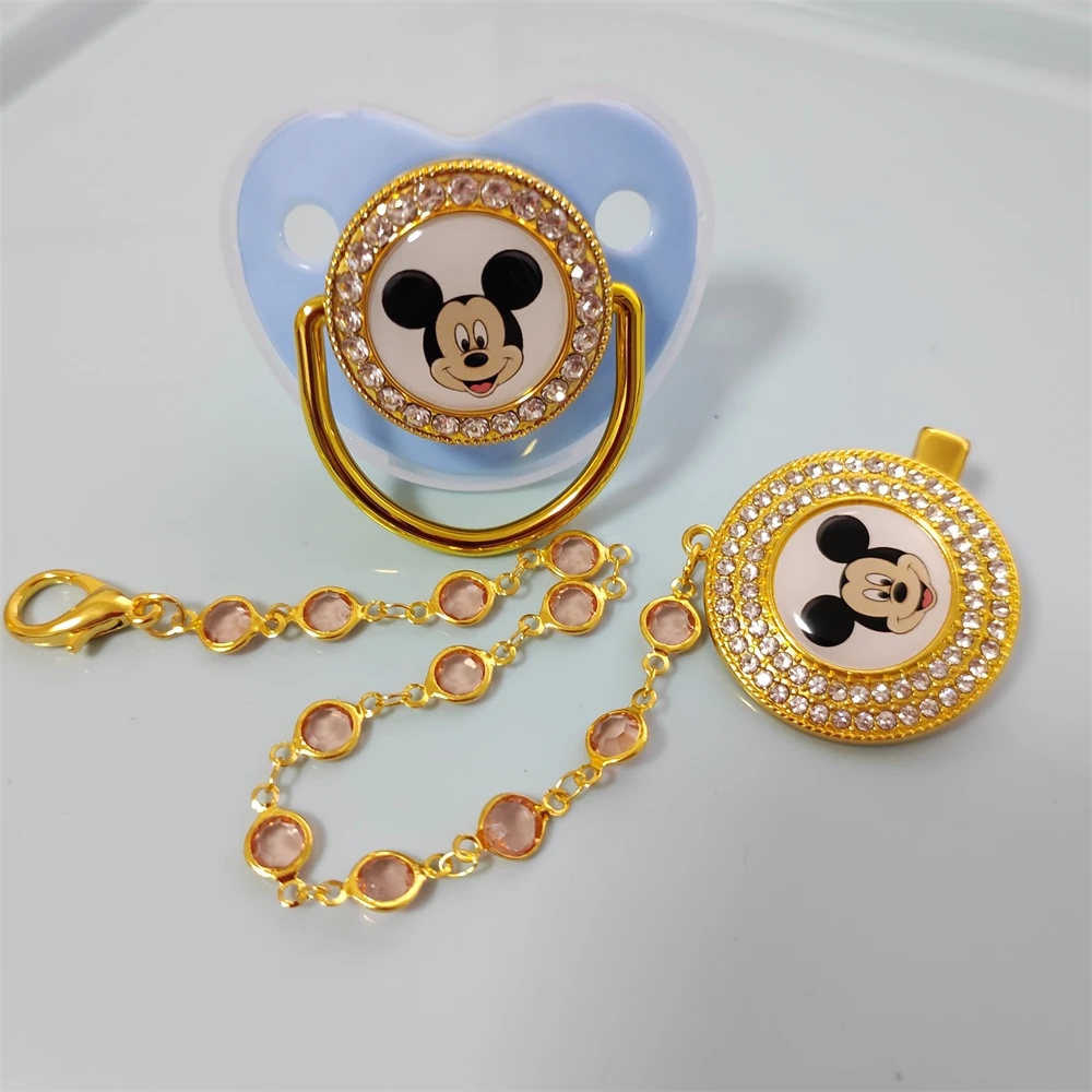 Mickey Mouse Head Baby Pacifier Pearl Chain clip Newborn BPA free Deluxe Bling Pacifier Silicone dummy Soother Chupeta0-24 month
