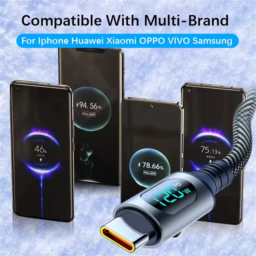 NNBILI 120W Type-C Super Fast Charging Cable LED Digital Display USB C Data Cable Suitable for Huawei  Xiaomi Samsung 1/2M