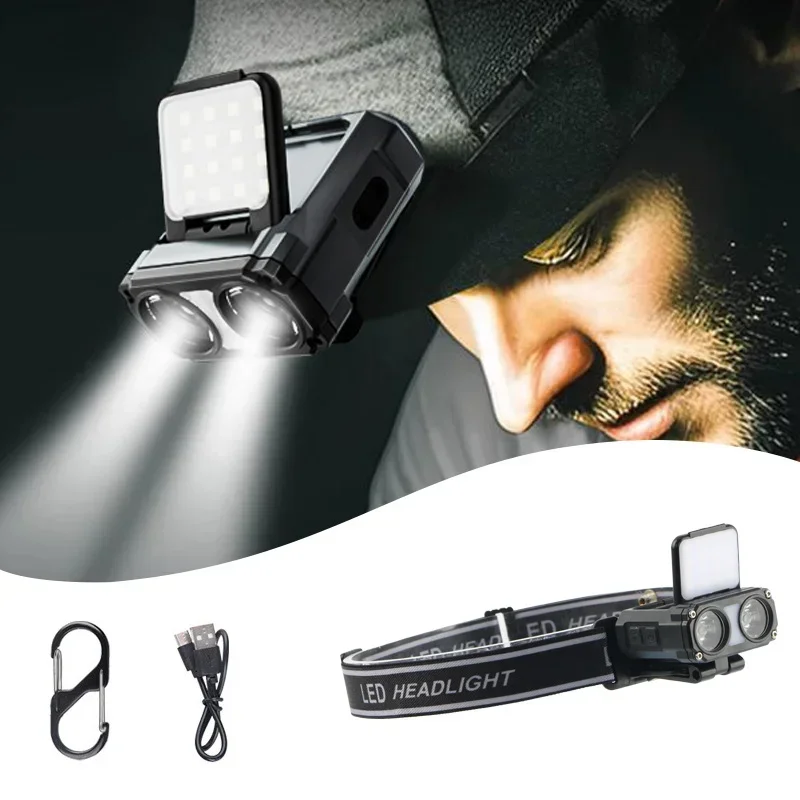 Lampada frontale con rilevamento a LED Lampada antiscivolo con cappuccio ricaricabile di tipo C Luce frontale di avvertimento per la sicurezza notturna Faro per bici MTB all'aperto