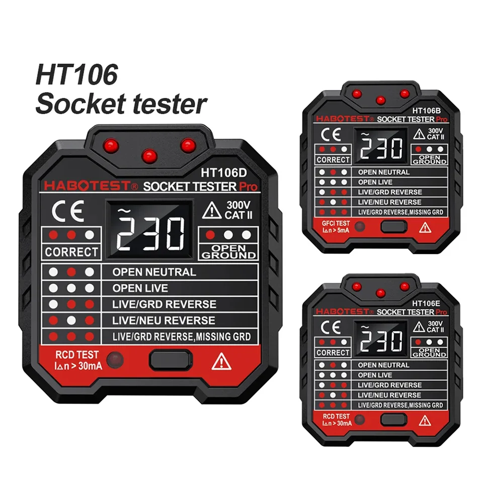 HT106/HT107 Digital Outlet SOCKET Detector ซ็อกเก็ตทดสอบแรงดันไฟฟ้าเครื่องทดสอบ US/UK/EU Plug GROUND ZERO Line Phase Check RCD NCV เครื่องทดสอบ