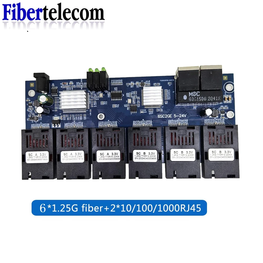 Convertitore switch multimediale in fibra ottica Ethernet 100/1000M Gigabit 6 * Porta in fibra 2 * Porta RJ45 FTTH Switch monomodale Scheda PCBA in fibra